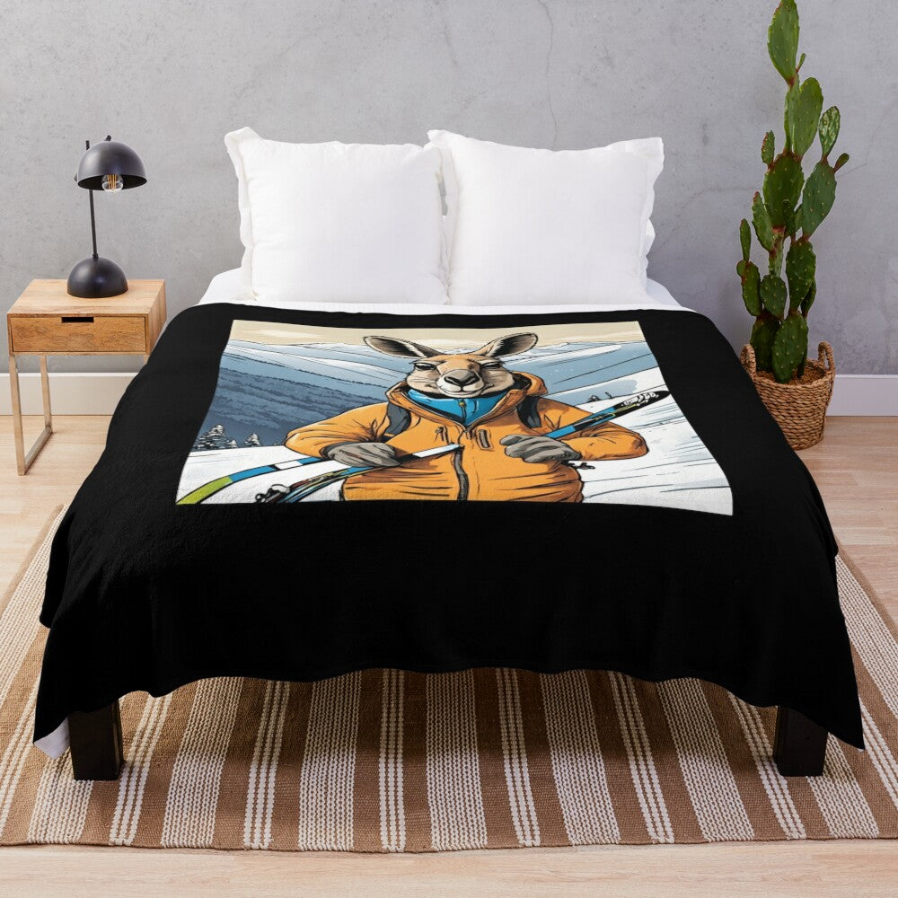 Cozy plush blanket featuring a playful Australian kangaroo skier