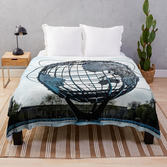 Unisphere-inspired plush blanket featuring the iconic landmark from the 1964-1965 New York World's Fair