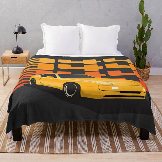 Illustration of a 1986 Porsche 944 in yellow on a plush blanket