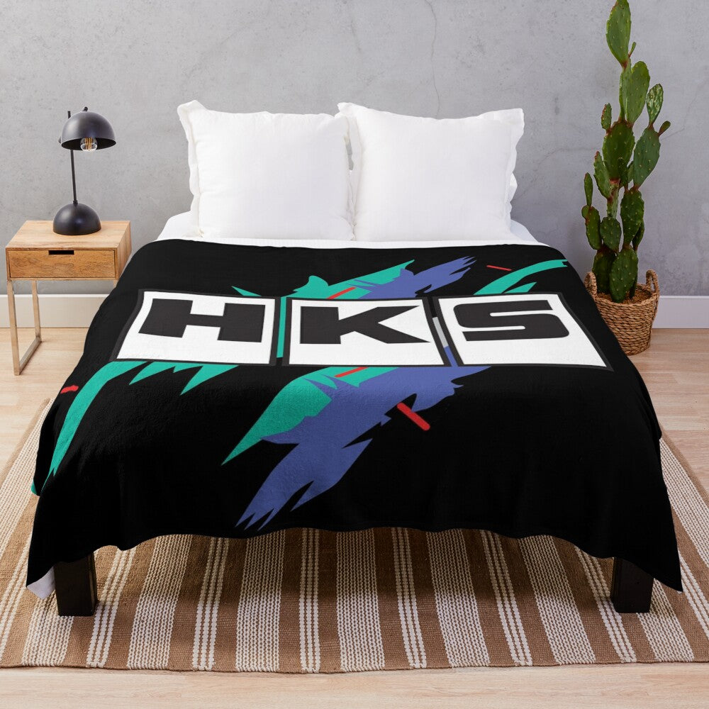 Vintage-inspired plush blanket with Japanese car graphics