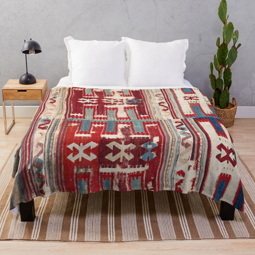 Cappadocian Anatolian kilim inspired plush blanket with geometric, tribal pattern