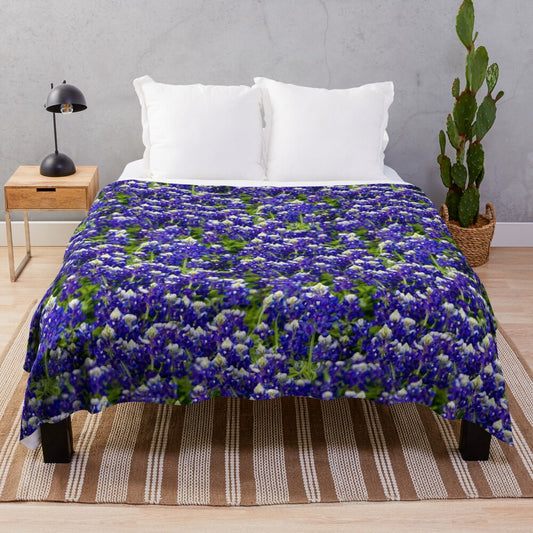 Plush blanket with vibrant bluebonnet floral design