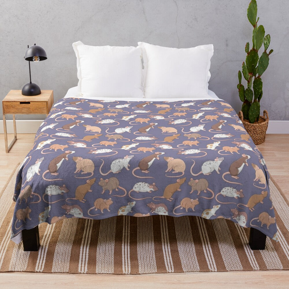 Plush blanket featuring a cute rat pattern against a slate grey background