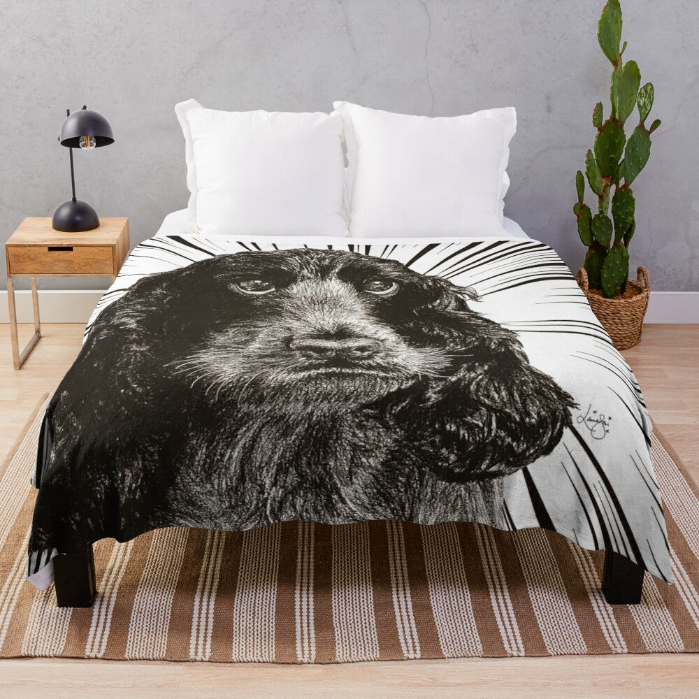 Cocker Spaniel Plush Blanket with Artistic Black and White Dog Design