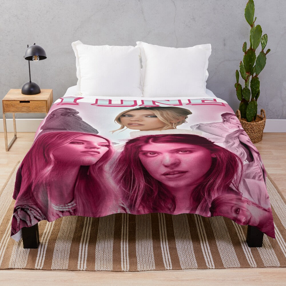 A soft and plush blanket featuring a photo of actress Sydney Sweeney