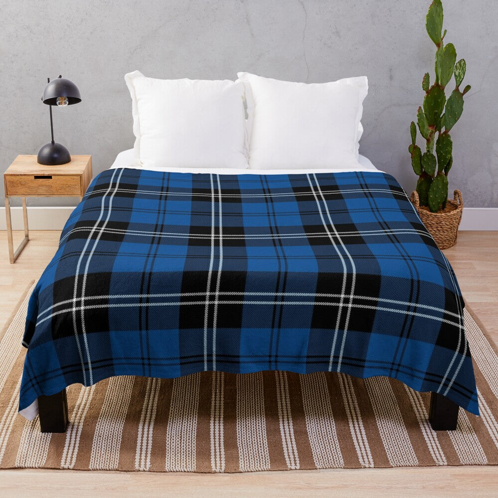 Clan Ramsay tartan plush blanket in blue and black