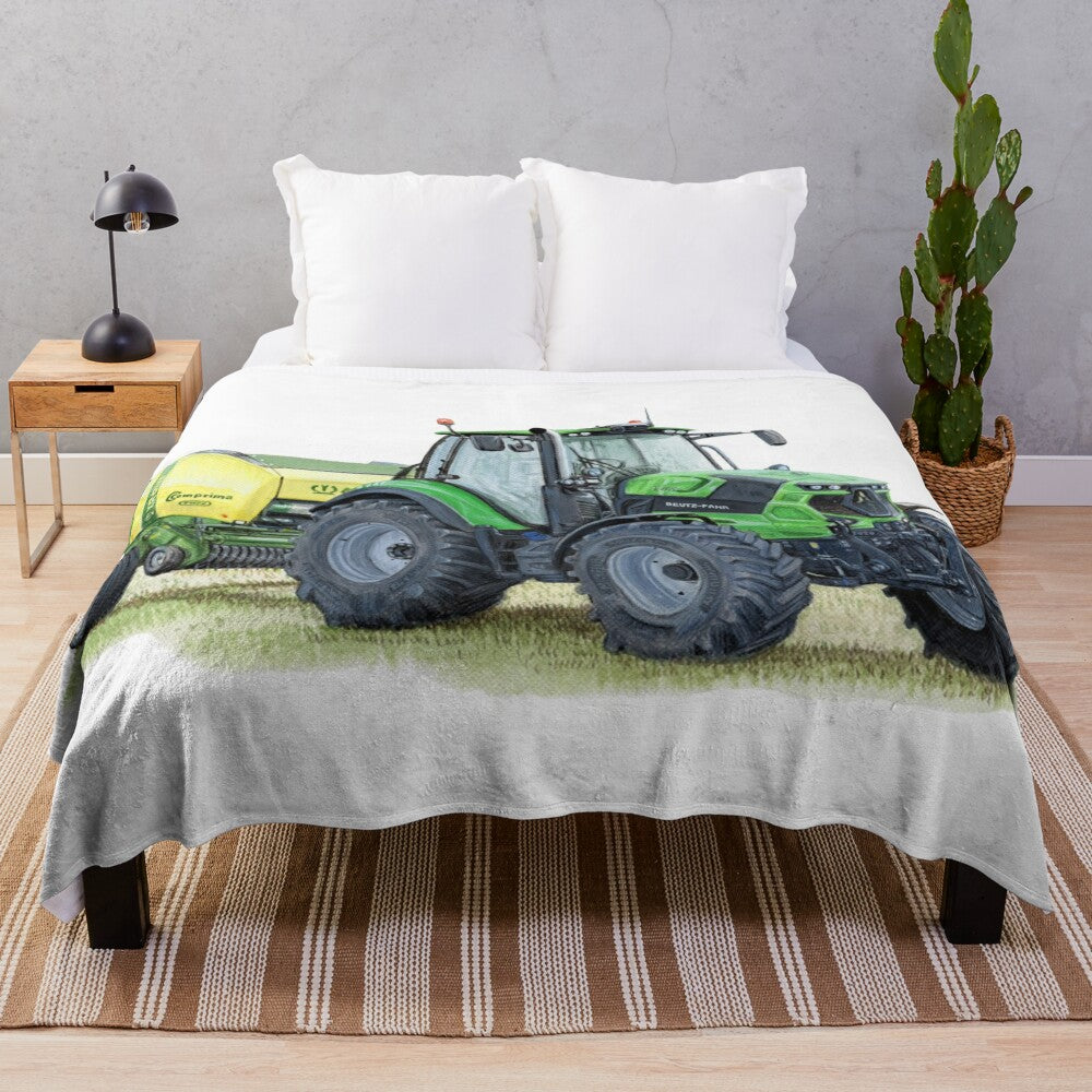 Tractor plush blanket featuring a vivid green tractor painting