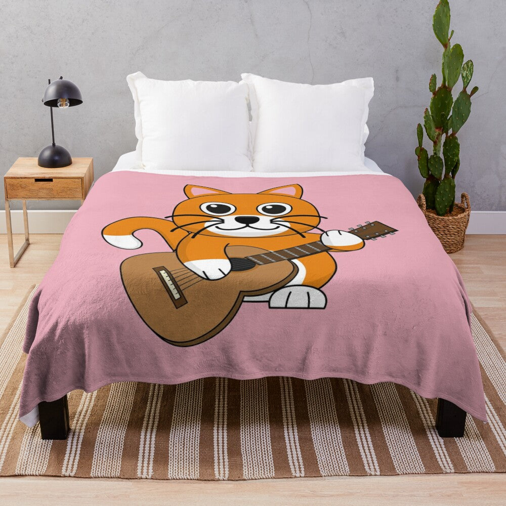 Cute cartoon cat playing guitar on a plush blanket