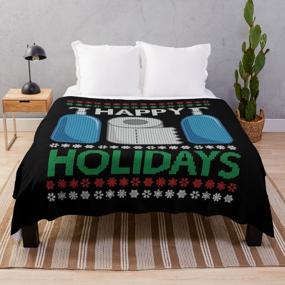 Plush blanket featuring a festive ugly Christmas sweater design