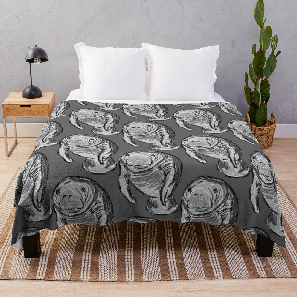 Soft and plush blanket featuring a detailed artwork of a manatee