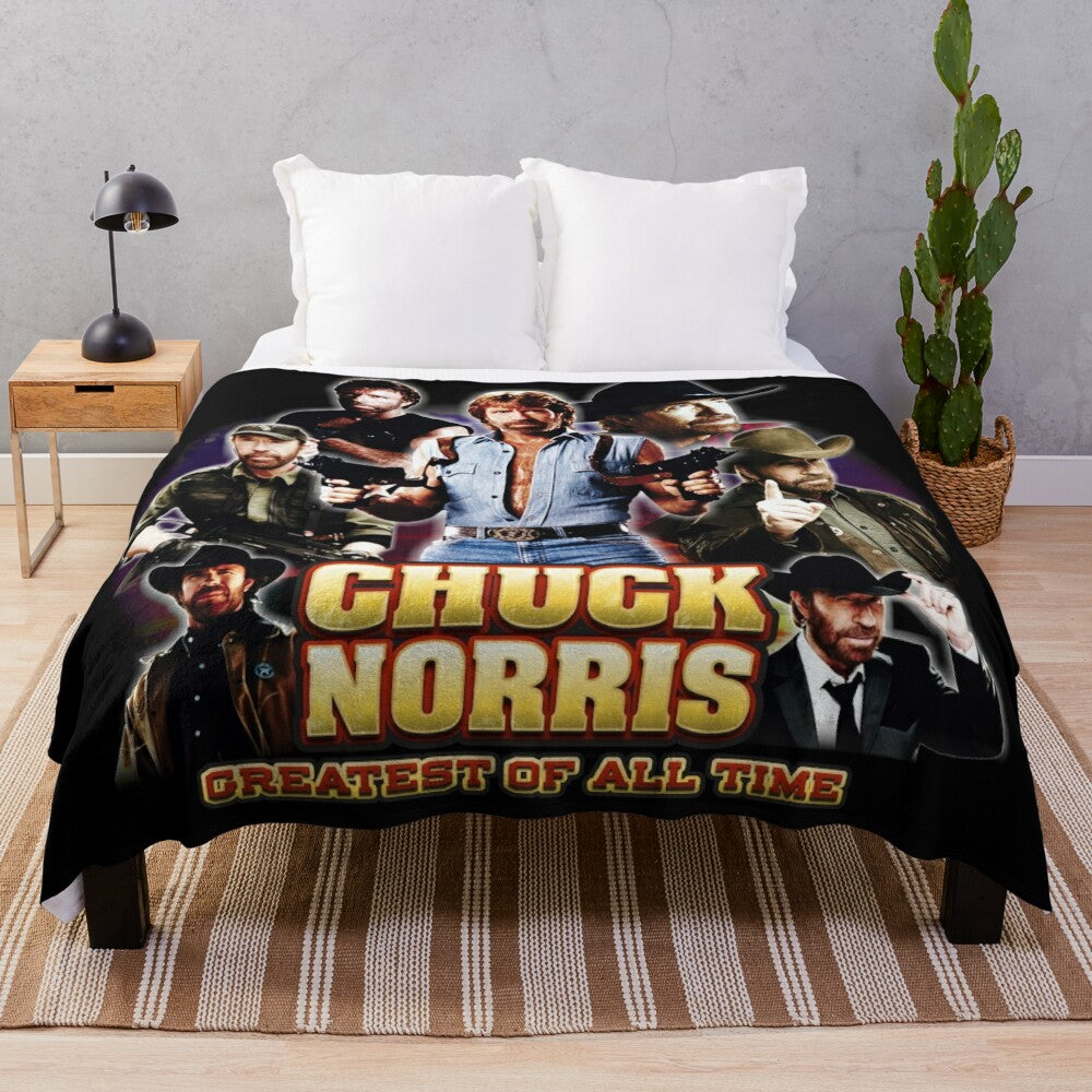 Vintage-inspired Chuck Norris plush blanket with GOAT (Greatest of All Time) design