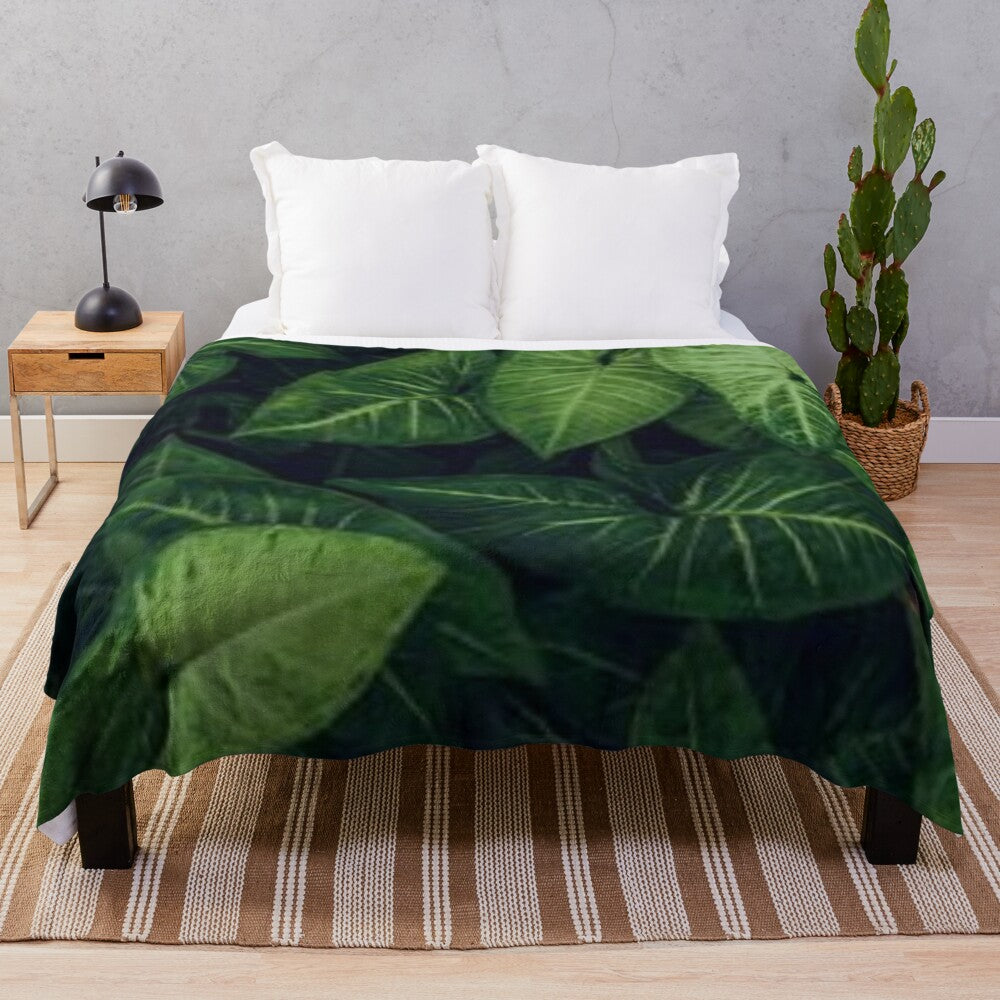 Tropical monstera leaves pattern on a plush, cozy blanket