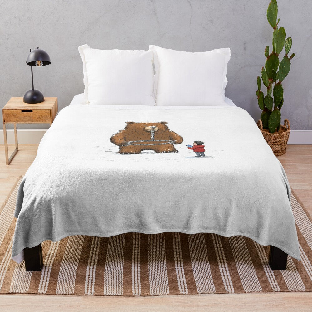 Plush blanket featuring artistic bear illustrations in a forest setting