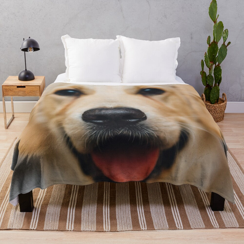 Golden retriever dog plush blanket with nose and tongue details