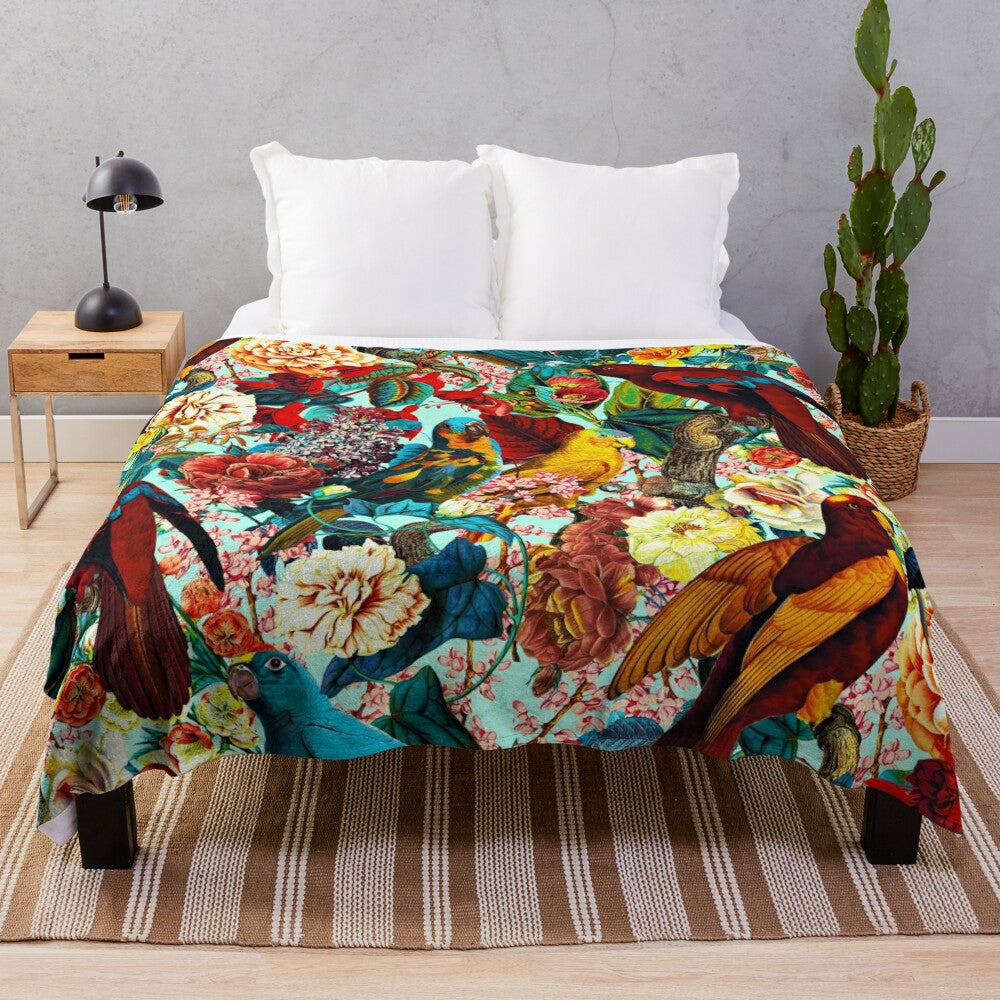 Plush blanket with a vibrant floral and bird pattern