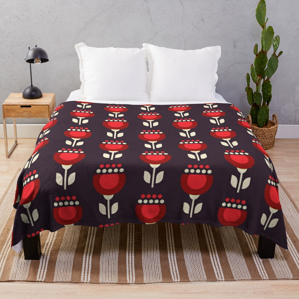 Mono flower cup red plush blanket with a nature-inspired floral design