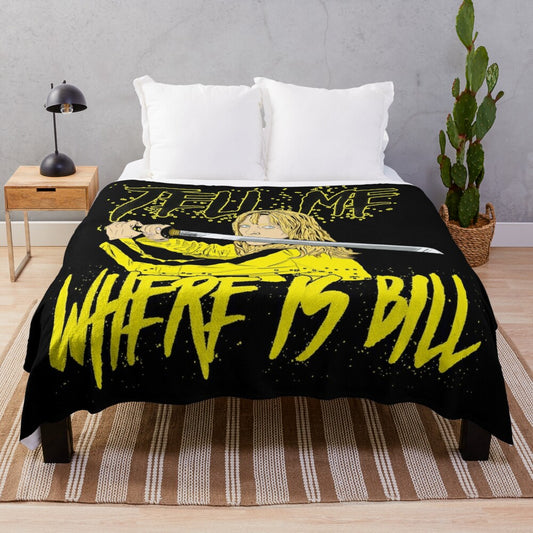 Kill Bill-themed plush blanket with samurai swords and Tarantino movie references