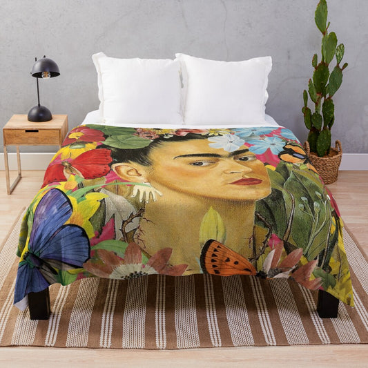 Colorful floral plush blanket featuring Frida Kahlo inspired imagery