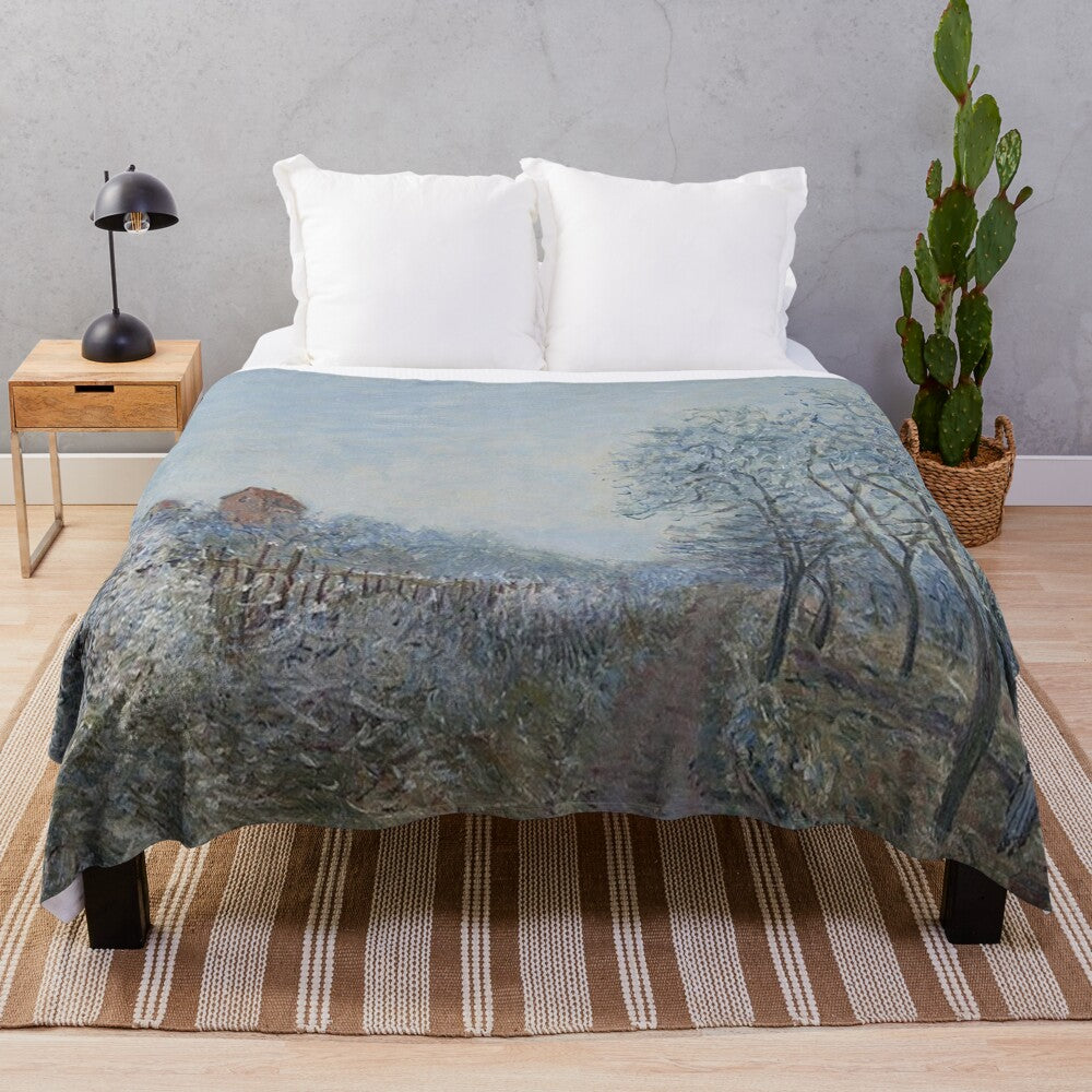 Plush blanket featuring the winter landscape painting "Frost in Veneux" by Alfred Sisley