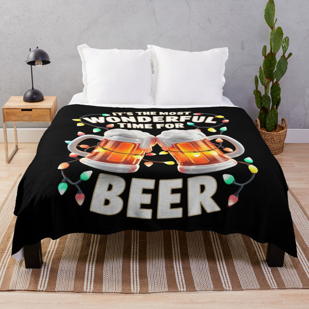 Cozy plush blanket with a beer-themed Christmas design