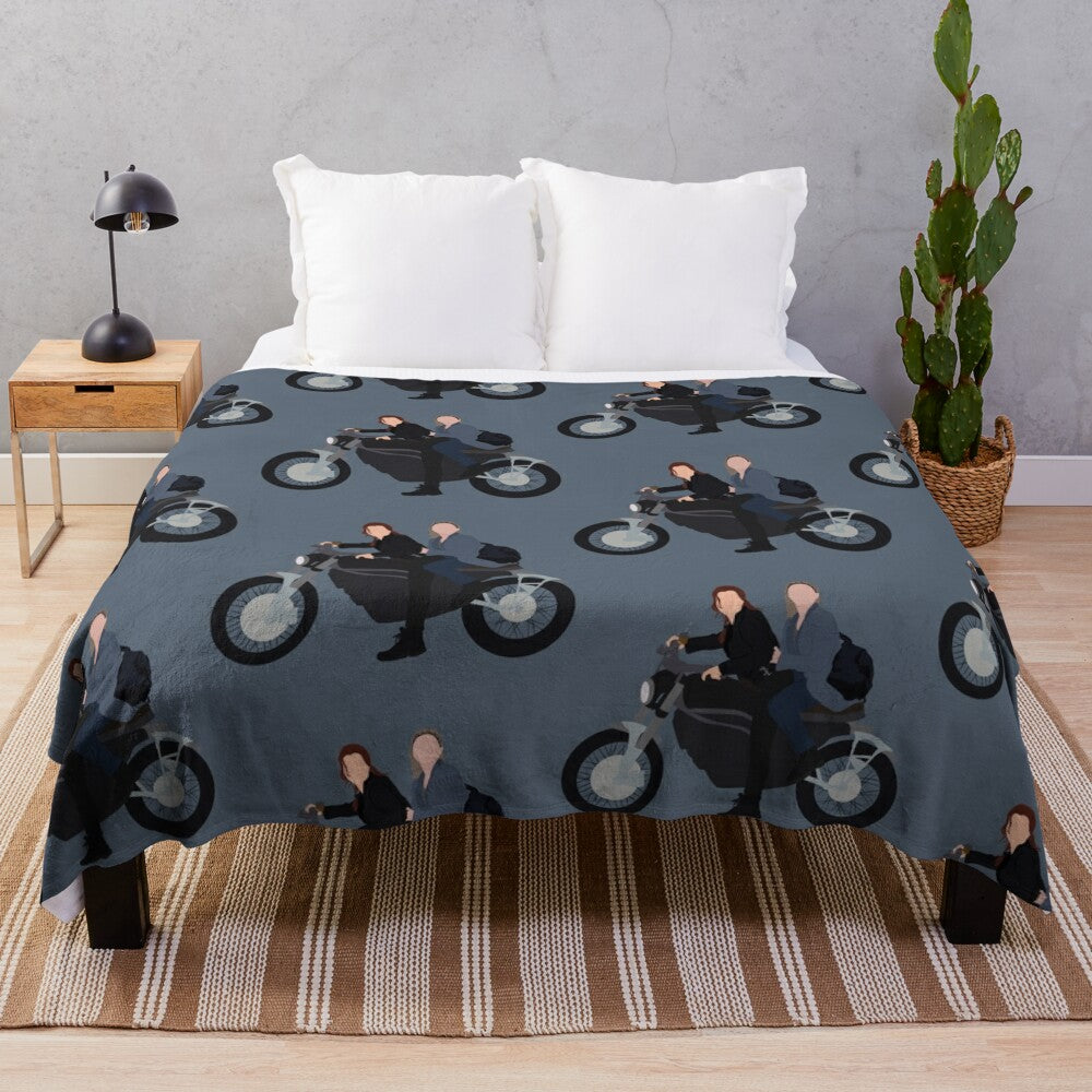 Motorcycle-themed plush blanket with Black Widow imagery