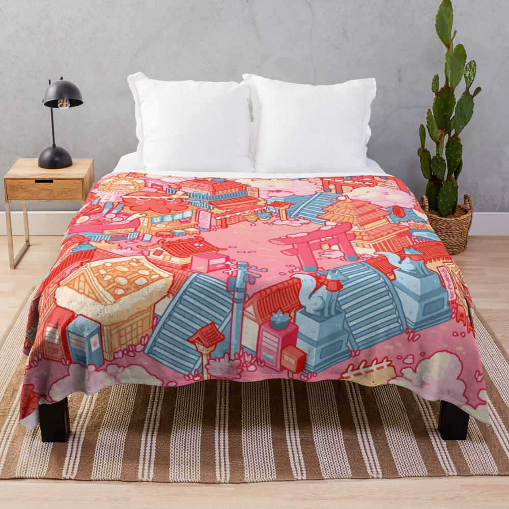 Plush blanket featuring a serene Kyoto scene with sakura cherry blossoms