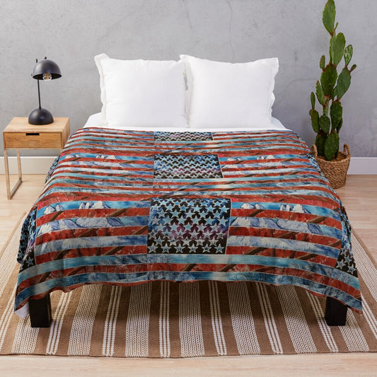 Plush blanket featuring a patriotic flag design and celestial landscape