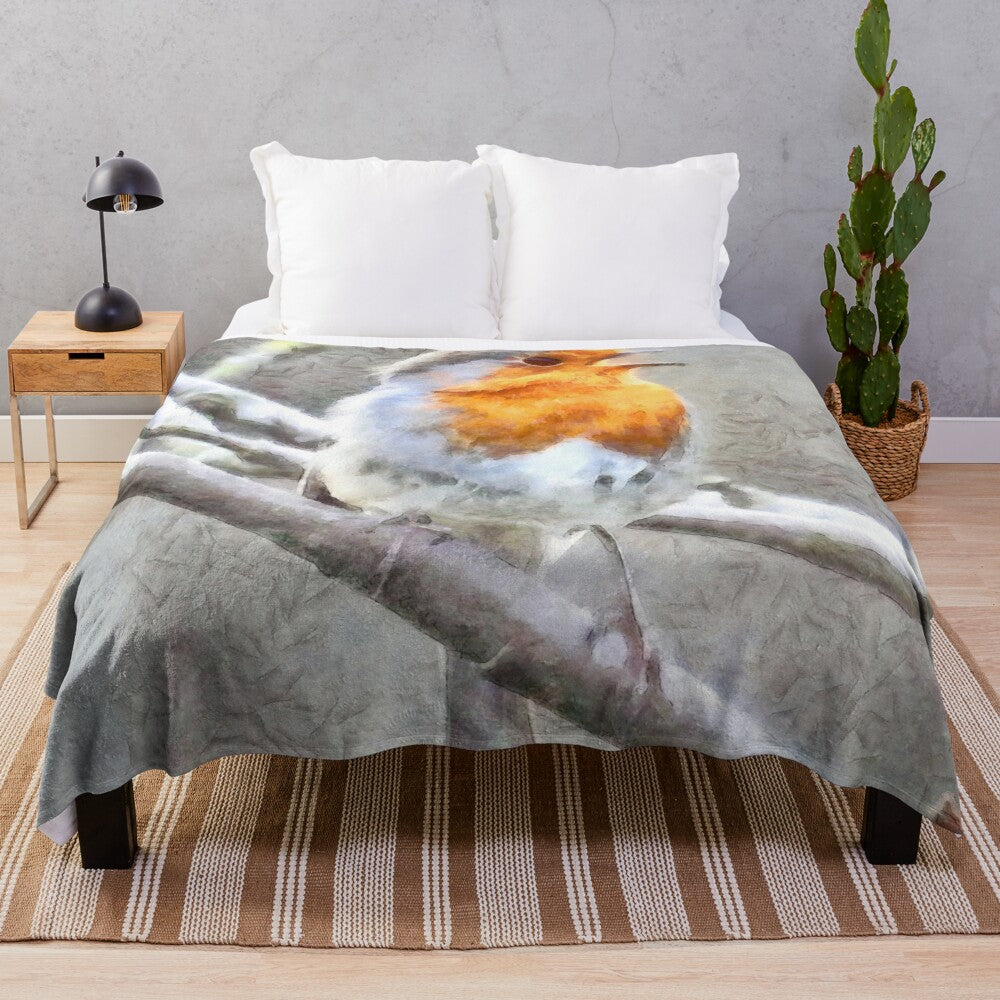 Watercolor painting of a robin redbreast on a plush blanket