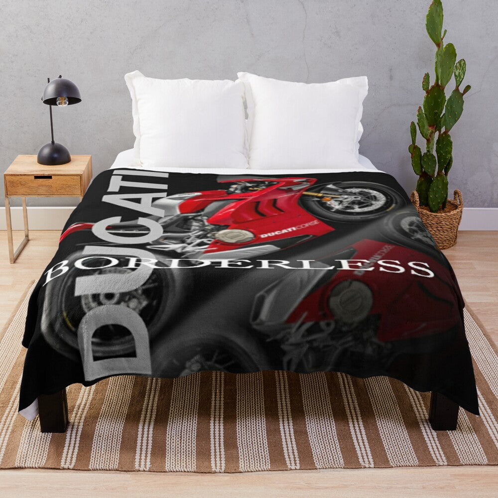 Borderless Ducati-inspired plush blanket featuring motorcycle and pineapple graphics