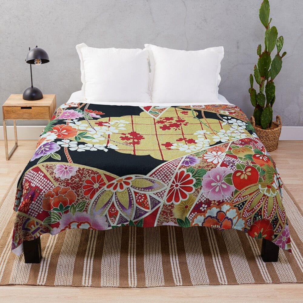 Antique Japanese Flower Inspired Floral Plush Blanket