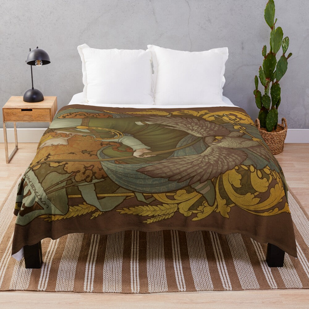 A plush blanket featuring an allegory design with an art nouveau-inspired Norse falcon motif