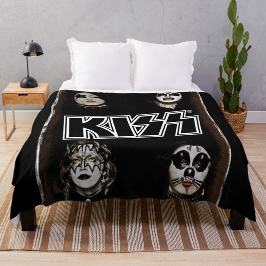 Vintage-inspired plush blanket featuring the iconic KISS band logo and artwork