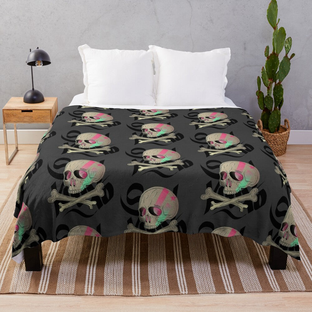 Soft, plush skull-patterned blanket for cozy and spooky home decor