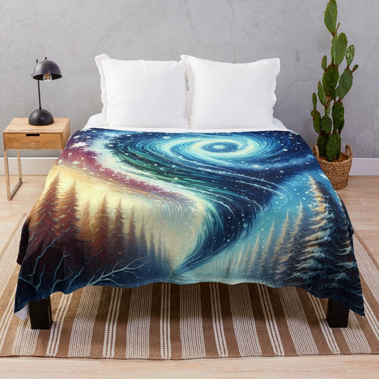 Blizzard tornado sweeping through a winter forest, ai generated art plush blanket