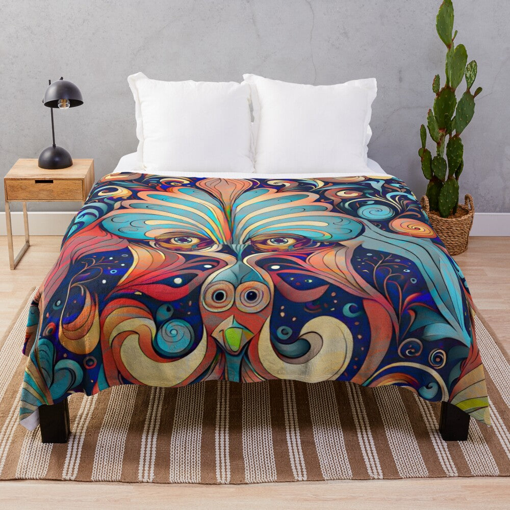 Magician-inspired plush blanket with abstract, colorful patterns