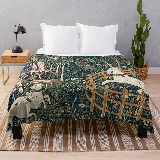 Medieval-inspired plush blanket with mythical floral tapestry design