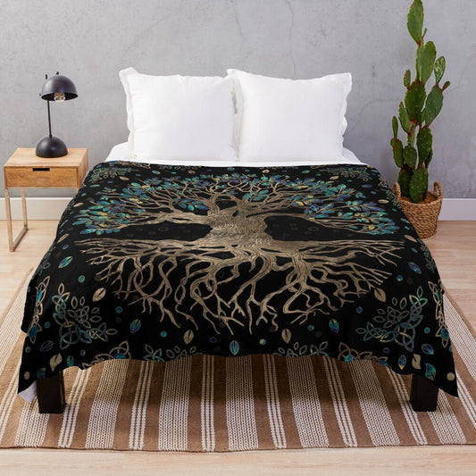 Yggdrasil, the Norse mythological tree of life, depicted in a golden and marble ornament design on a cozy plush blanket.