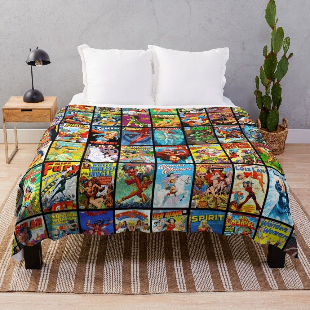 Vintage-inspired female superhero comic book pattern plush blanket