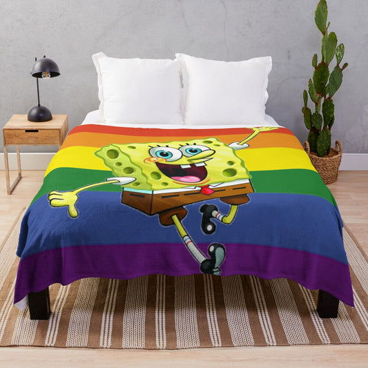 Colorful spongebob plush blanket with rainbow design