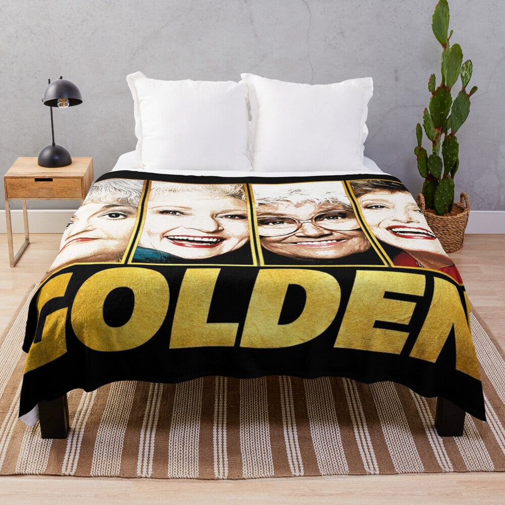 Golden plush blanket with a nostalgic 80s sitcom theme