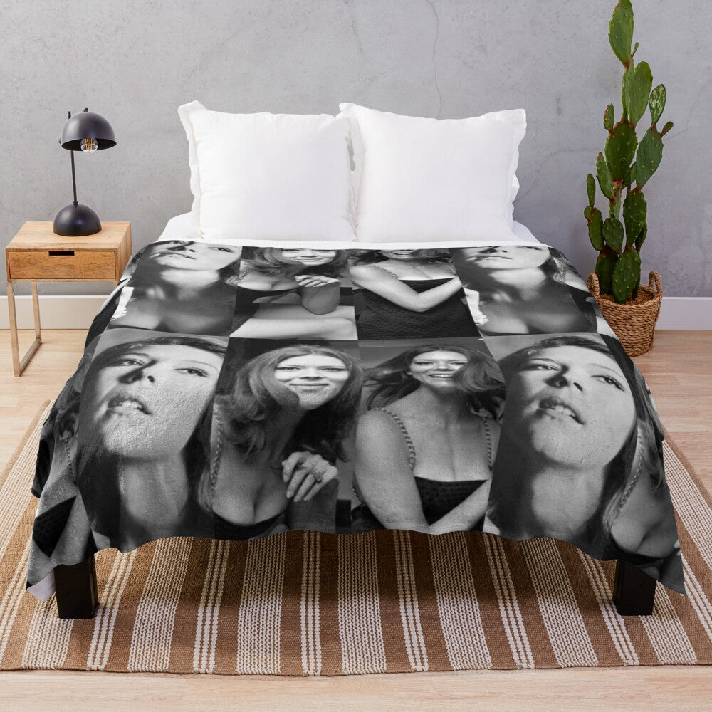 Vintage-inspired plush blanket featuring a collage design of actress Diana Rigg