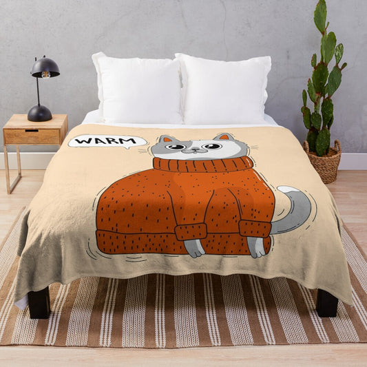 Plush blanket featuring a cat wearing a warm sweater