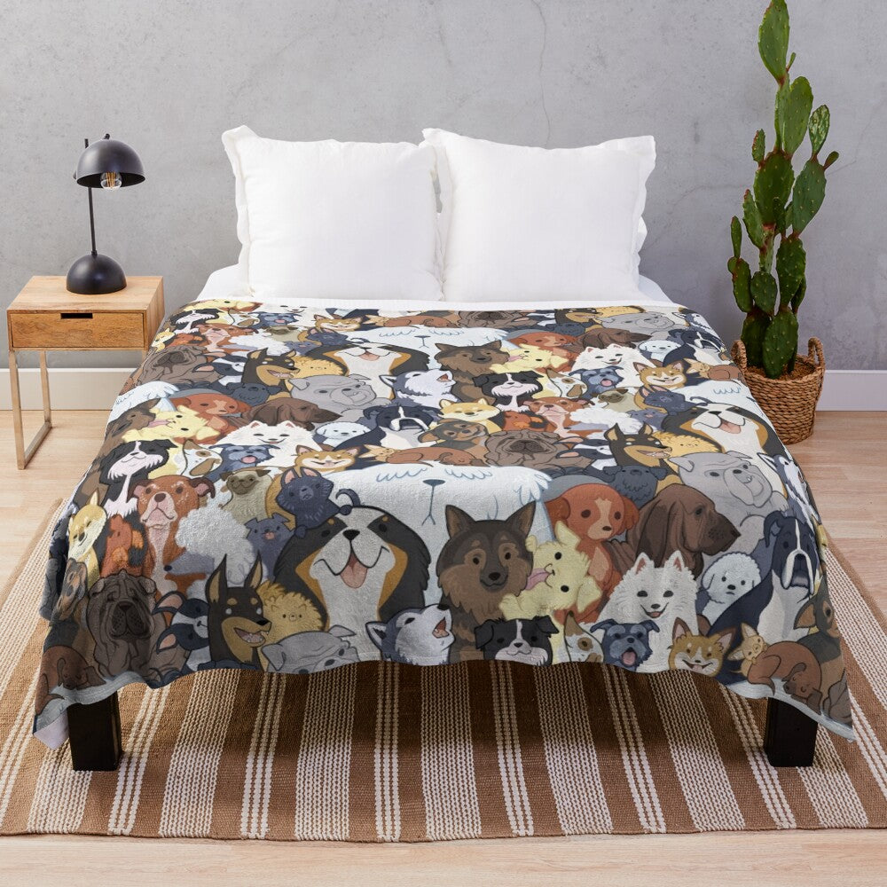 Soft, plush dog-patterned blanket with various dog breeds