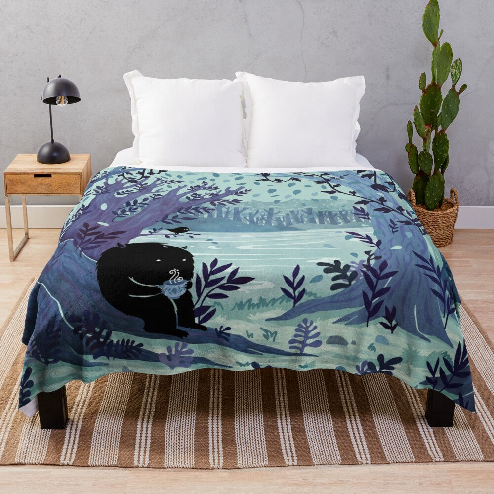 Watercolor-inspired plush blanket with forest landscape, woodland creatures, and tea