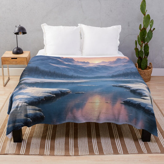 Enchanting winter plush blanket featuring a serene winter landscape