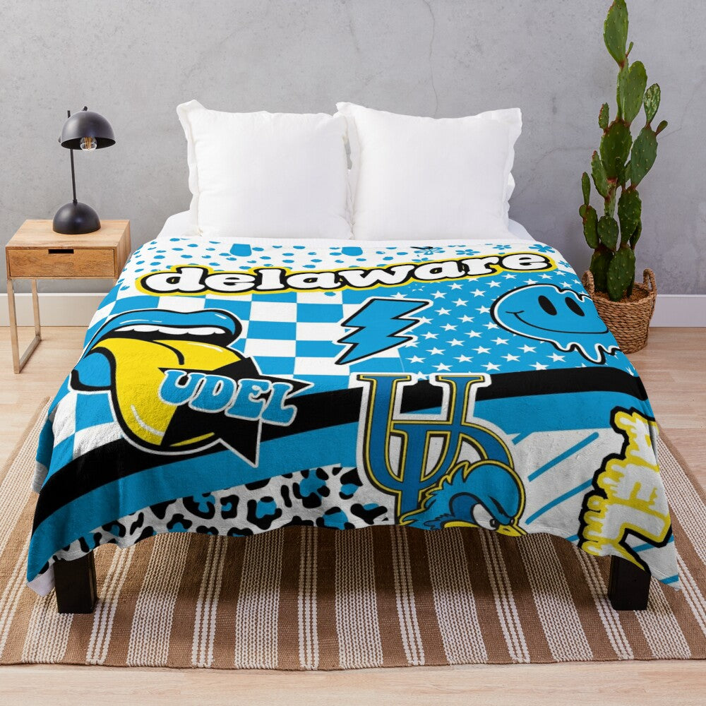 Soft and comfortable plush blanket featuring a delaware-inspired design