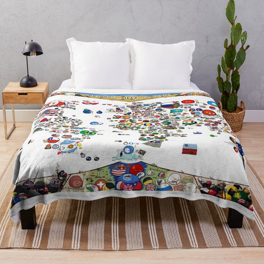 Plush blanket featuring a colorful world map with country ball illustrations