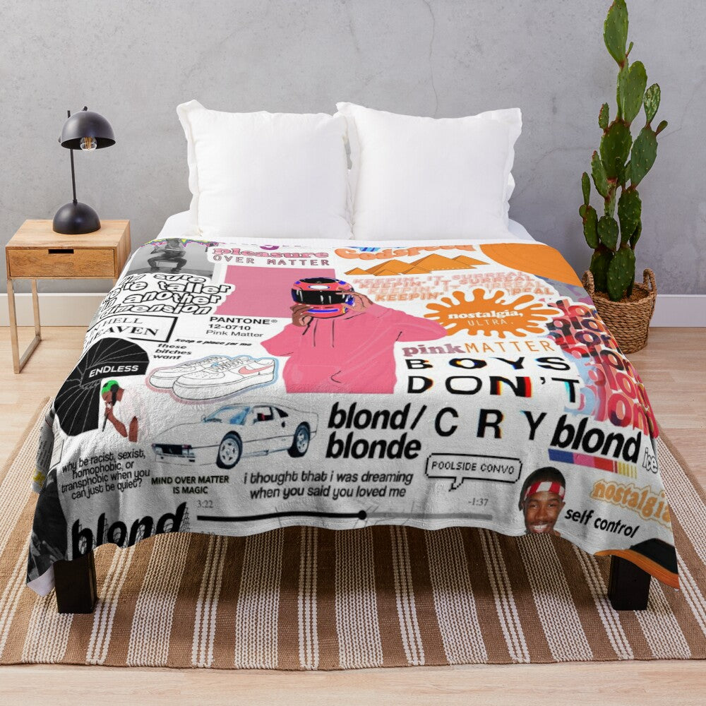 Frank Ocean inspired plush blanket with collage design