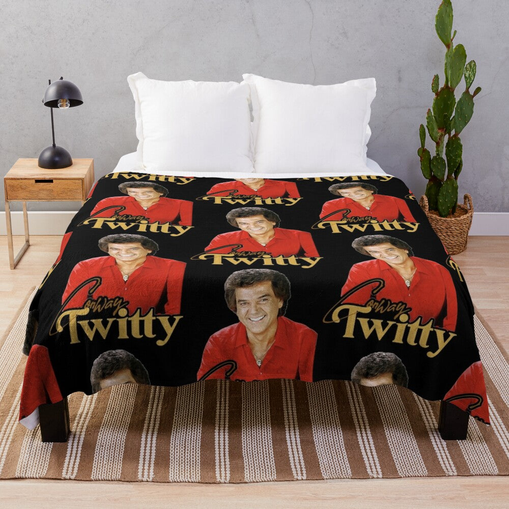 Retro country music plush blanket featuring the design of legendary country singer Conway Twitty