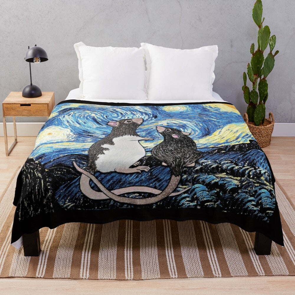 Plush blanket featuring a Van Gogh Starry Night inspired design for pet rats